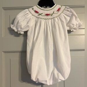 Sweet Dreams White bubble romper with embroidered watermelon on collar 18M